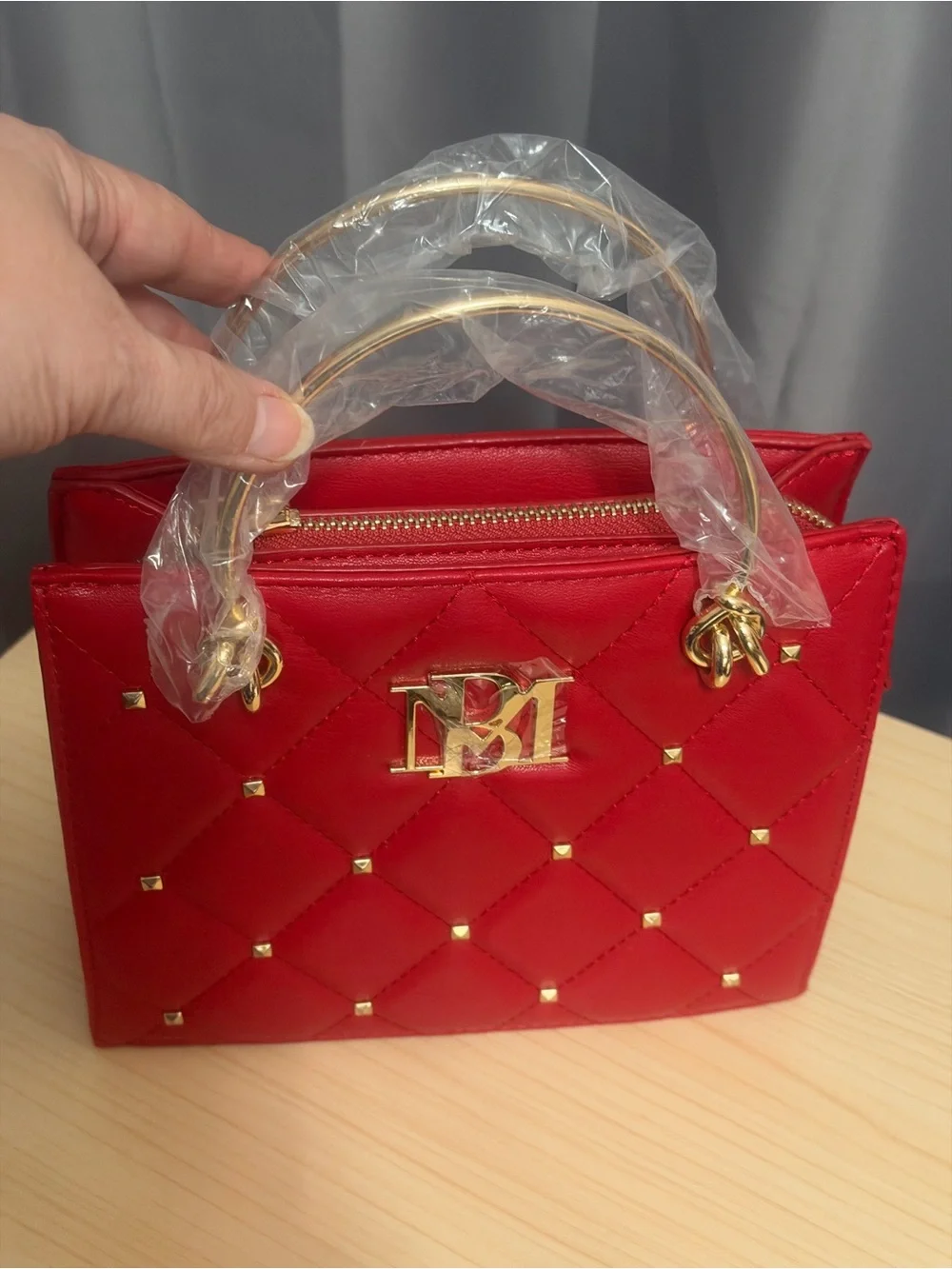 Badgley Mischka Red Quilted Satchel with Gold Accents